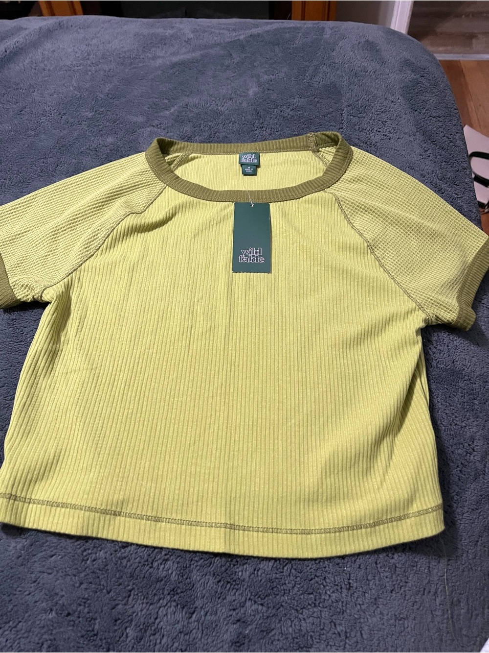 Wild Fable Lime Green Ribbed Crewneck Tee with Olive Trim